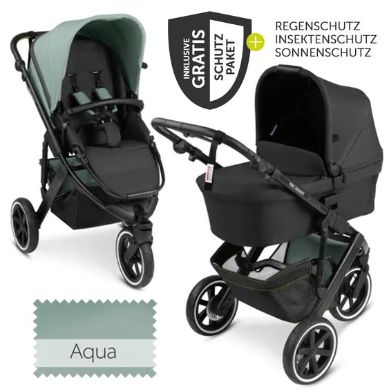 ABC Design Kombi-Kinderwagen Salsa Run - inkl. Babywanne und Sportsitz inkl. XXL Zubehörpaket (mit Sportzulassung, Luftbereifung & Handbremse) - Aqua