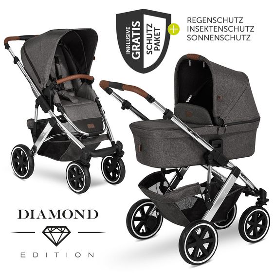 ABC Design Kombi-Kinderwagen Salsa 4 Air Diamond Edition - inkl. Babywanne, Sportsitz & XXL Zubehörpaket - Asphalt