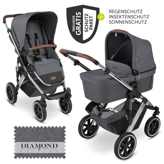 ABC Design Kombi-Kinderwagen Salsa 4 Air - inkl. Babywanne & Sportsitz mit XXL Zubehörpaket - Diamond Edition - Asphalt