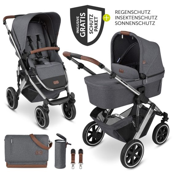 ABC Design Kombi-Kinderwagen Salsa 4 Air - inkl. Babywanne, Sportsitz, Wickeltasche & Zubehörpaket - Diamond Edition - Asphalt