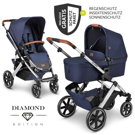 ABC Design Kombi-Kinderwagen Salsa 4 - inkl. Babywanne, Sportsitz & XXL Zubehörpaket - Diamond Edition - Navy