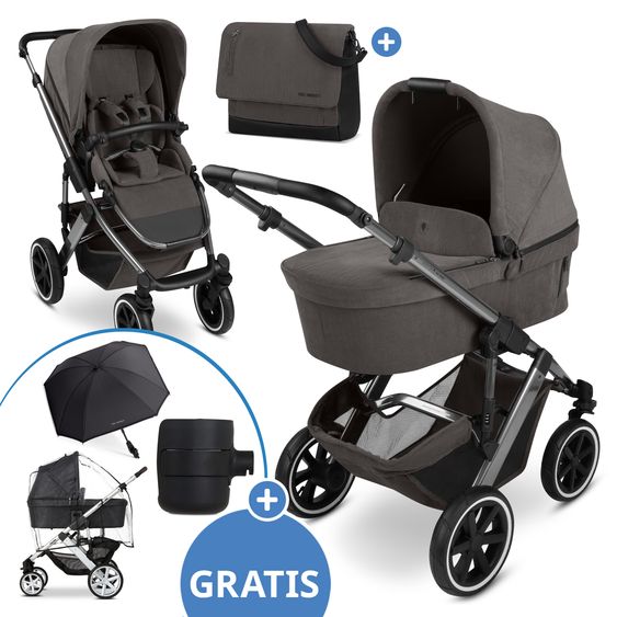 ABC Design Kombi-Kinderwagen Salsa 5 Air inkl. Babywanne, Sportsitz & Gratis Zubehör - Sonnenschirm, Wickeltasche, Regenschutz & Becherhalter - Almond