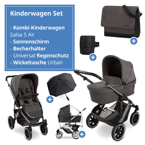 ABC Design Kombi-Kinderwagen Salsa 5 Air inkl. Babywanne, Sportsitz & Gratis Zubehör - Sonnenschirm, Wickeltasche, Regenschutz & Becherhalter - Almond