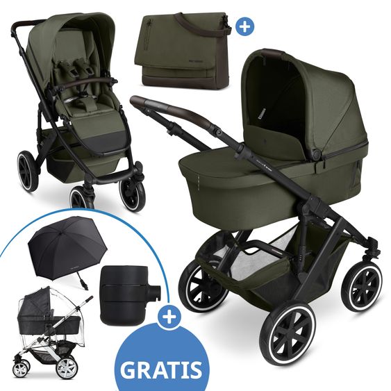ABC Design Kombi-Kinderwagen Salsa 5 Air inkl. Babywanne, Sportsitz & Gratis Zubehör - Sonnenschirm, Wickeltasche, Regenschutz & Becherhalter - Pure - Avocado