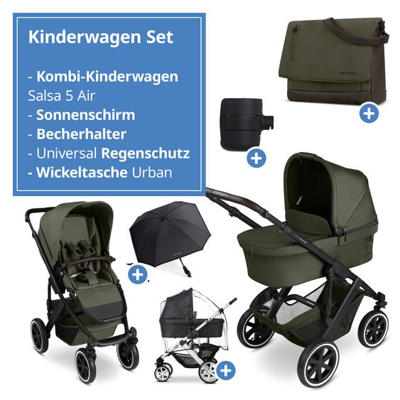 ABC Design Kombi-Kinderwagen Salsa 5 Air inkl. Babywanne, Sportsitz & Gratis Zubehör - Sonnenschirm, Wickeltasche, Regenschutz & Becherhalter - Pure - Avocado