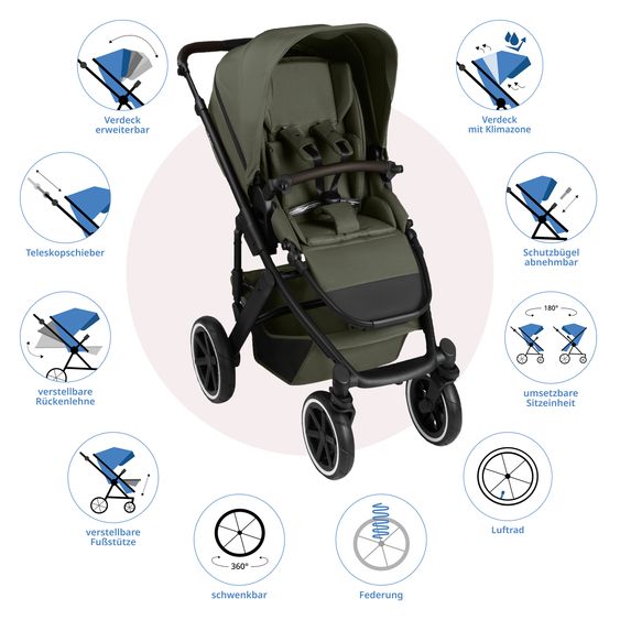 ABC Design Kombi-Kinderwagen Salsa 5 Air inkl. Babywanne, Sportsitz & Gratis Zubehör - Sonnenschirm, Wickeltasche, Regenschutz & Becherhalter - Pure - Avocado