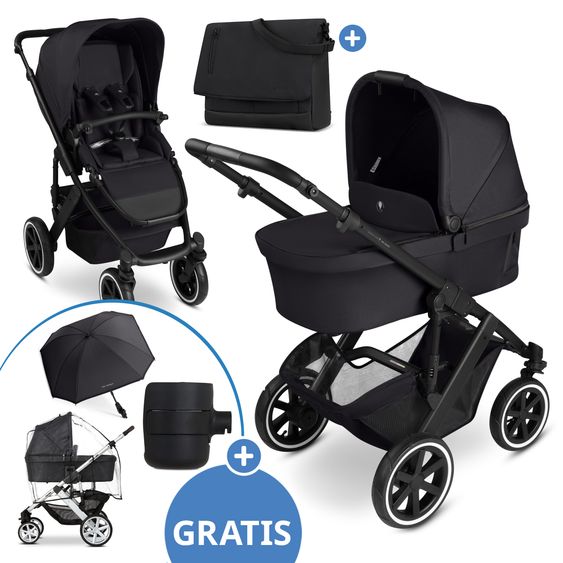 ABC Design Kombi-Kinderwagen Salsa 5 Air inkl. Babywanne, Sportsitz & Gratis Zubehör - Sonnenschirm, Wickeltasche, Regenschutz & Becherhalter - Pure - Coal