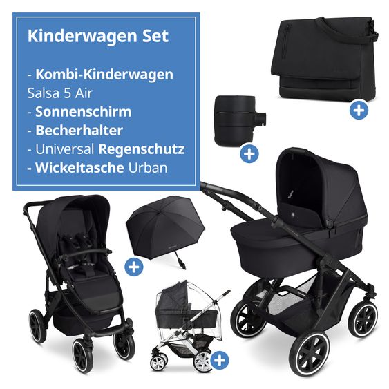 ABC Design Kombi-Kinderwagen Salsa 5 Air inkl. Babywanne, Sportsitz & Gratis Zubehör - Sonnenschirm, Wickeltasche, Regenschutz & Becherhalter - Pure - Coal