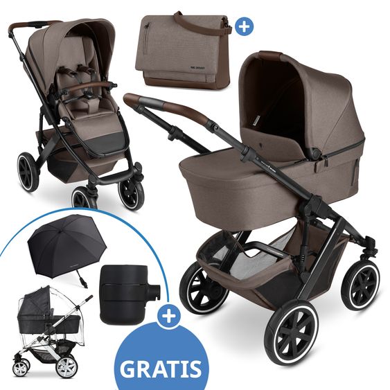 ABC Design Kombi-Kinderwagen Salsa 5 Air inkl. Babywanne, Sportsitz & Gratis Zubehör - Sonnenschirm, Wickeltasche, Regenschutz & Becherhalter - Pure - Nature