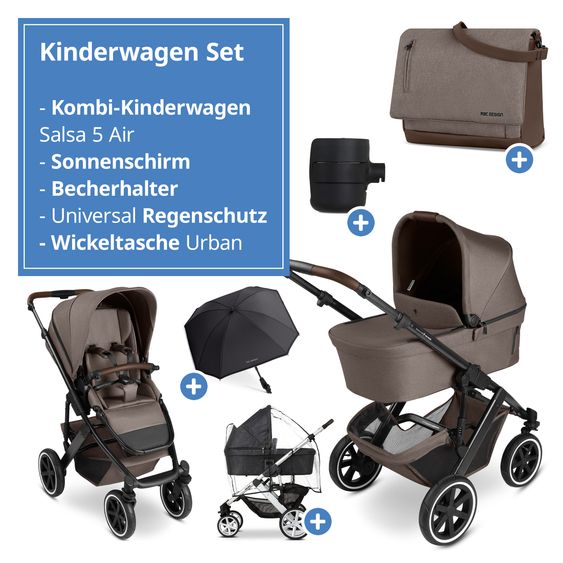 ABC Design Kombi-Kinderwagen Salsa 5 Air inkl. Babywanne, Sportsitz & Gratis Zubehör - Sonnenschirm, Wickeltasche, Regenschutz & Becherhalter - Pure - Nature