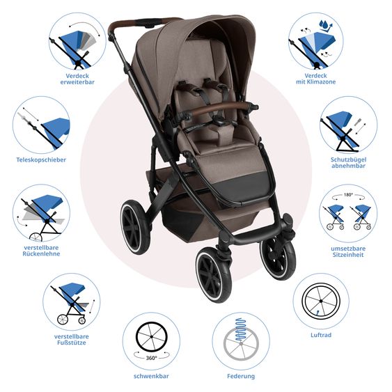 ABC Design Kombi-Kinderwagen Salsa 5 Air inkl. Babywanne, Sportsitz & Gratis Zubehör - Sonnenschirm, Wickeltasche, Regenschutz & Becherhalter - Pure - Nature