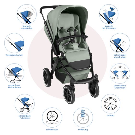 ABC Design Combi stroller Salsa 5 Air incl. Carrycot & Sports Seat, Urban Changing Bag, Insect Protection & Rain Cover - Pine