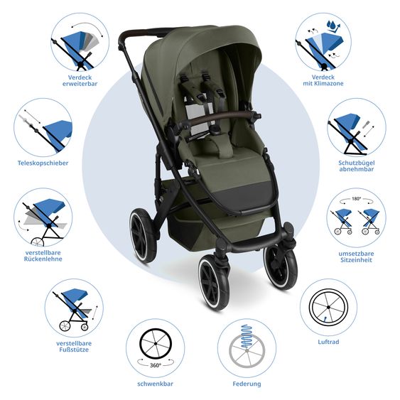 ABC Design Salsa 5 Air baby carriage incl. Urban changing bag, winter footmuff, carrycot & sports seat - Pure - Avocado