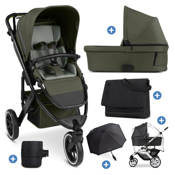ABC Design Kombi-Kinderwagen Salsa 5 Run - inkl. Babywanne, Sportsitz, Wickeltasche, Regenschutz, Becherhalter & Sonnenschirm - Pure - Avocado