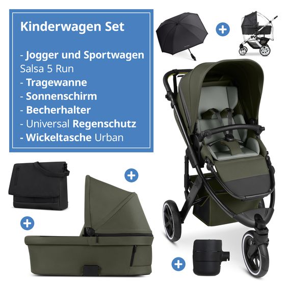 ABC Design Kombi-Kinderwagen Salsa 5 Run - inkl. Babywanne, Sportsitz, Wickeltasche, Regenschutz, Becherhalter & Sonnenschirm - Pure - Avocado