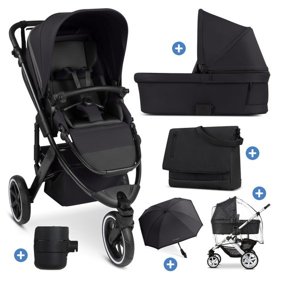 ABC Design Kombi-Kinderwagen Salsa 5 Run - inkl. Babywanne, Sportsitz, Wickeltasche, Regenschutz, Becherhalter & Sonnenschirm - Pure - Coal