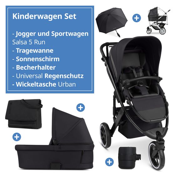 ABC Design Kombi-Kinderwagen Salsa 5 Run - inkl. Babywanne, Sportsitz, Wickeltasche, Regenschutz, Becherhalter & Sonnenschirm - Pure - Coal