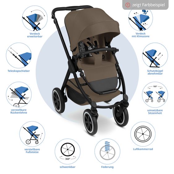 ABC Design Passeggino Samba 2 con navicella e seggiolino sportivo e pacchetto accessori XXL - Marrone scuro