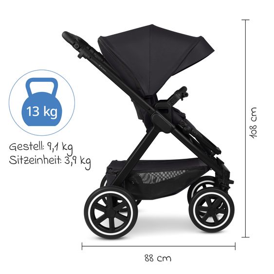 ABC Design Passeggino Samba 2 con navicella e seggiolino sportivo e pacchetto accessori XXL - Pure - Coal