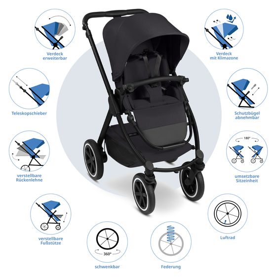 ABC Design Passeggino Samba 2 con navicella e seggiolino sportivo e pacchetto accessori XXL - Pure - Coal