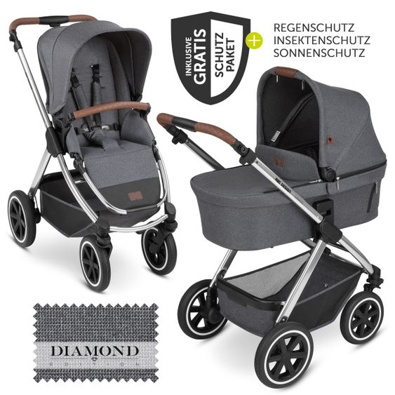 ABC Design Kombi-Kinderwagen Samba - inkl. Babywanne & Sportsitz mit XXL Zubehörpaket - Diamond Edition - Asphalt