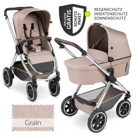 ABC Design Kombi-Kinderwagen Samba - inkl. Babywanne & Sportsitz mit XXL Zubehörpaket - Pure Edition - Grain