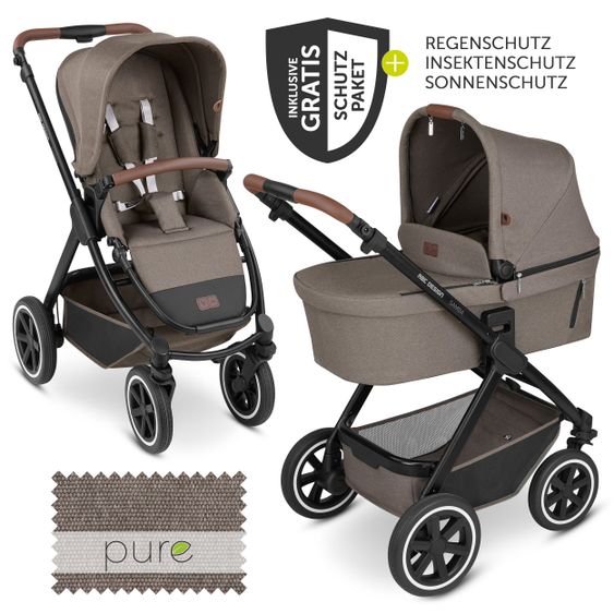 ABC Design Kombi-Kinderwagen Samba - inkl. Babywanne & Sportsitz mit XXL Zubehörpaket - Pure Edition - Nature
