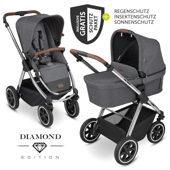 ABC Design Kombi-Kinderwagen Samba - inkl. Babywanne, Sportsitz und XXL Zubehör-Paket - Diamond Edition - Asphalt