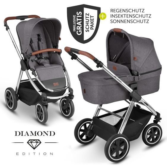 ABC Design Kombi-Kinderwagen Samba - inkl. Babywanne, Sportsitz & XXL Zubehörpaket - Diamond Edition - Asphalt