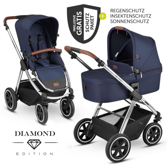 ABC Design Kombi-Kinderwagen Samba - inkl. Babywanne, Sportsitz & XXL Zubehörpaket - Diamond Edition - Navy