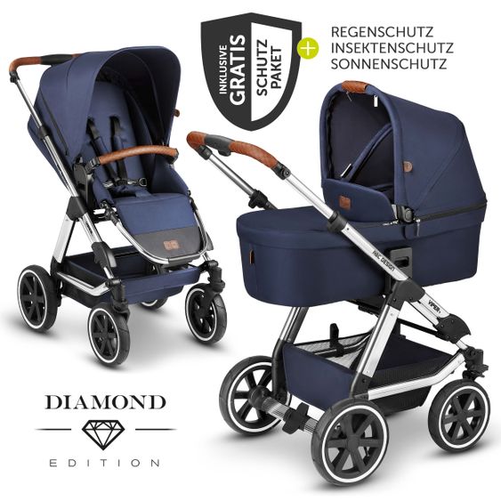 ABC Design Kombi-Kinderwagen Viper 4 - inkl. Babywanne, Sportsitz & XXL Zubehörpaket - Diamond Edition - Navy