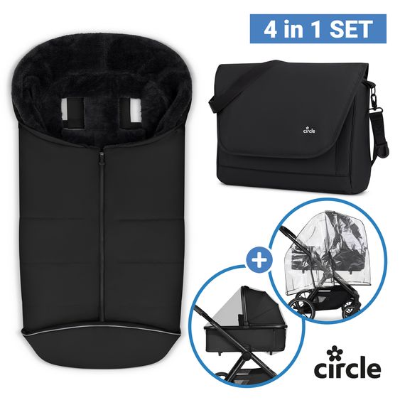 ABC Design Set di accessori per passeggino con borsa fasciatoio Easy, coprigambe invernale, parapioggia e zanzariera - Nero