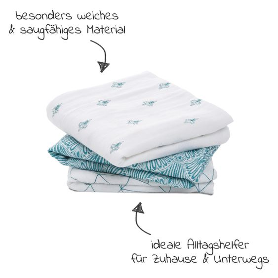 aden + anais 3er Pack Classic Musy Mullwindel 70 x 70 cm - Paisley Teal - Weiß Petrol