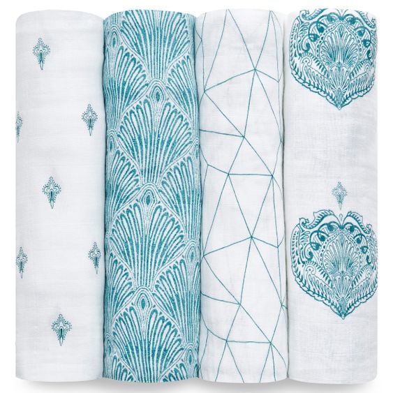 aden + anais 4er Pack Classic Swaddles Mullwindel 120 x 120 cm - Paisley Teal - Weiß Petrol