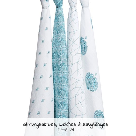 aden + anais 4er Pack Classic Swaddles Mullwindel 120 x 120 cm - Paisley Teal - Weiß Petrol