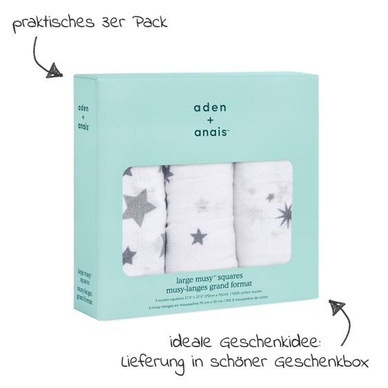 aden + anais Pannolino di mussola / Panno di mussola / Panno Puck - Confezione da 3 Classic Musy 70 x 70 cm - Twinkle