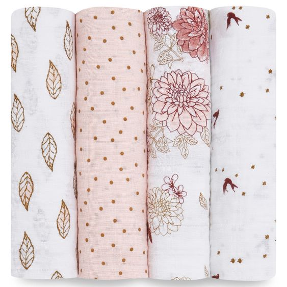 aden + anais Mullwindel / Mulltuch / Pucktuch - Classic Swaddles - 4er Pack - 120 x 120 cm - Dahlias - Weiß Rosa