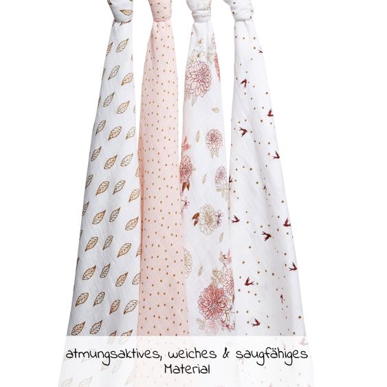 aden + anais Mullwindel / Mulltuch / Pucktuch - Classic Swaddles - 4er Pack - 120 x 120 cm - Dahlias - Weiß Rosa
