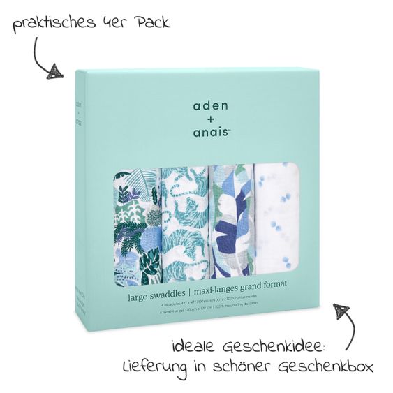 aden + anais Mullwindel / Mulltuch / Pucktuch - Classic Swaddles - 4er Pack - 120 x 120 cm - Dancing Tigers