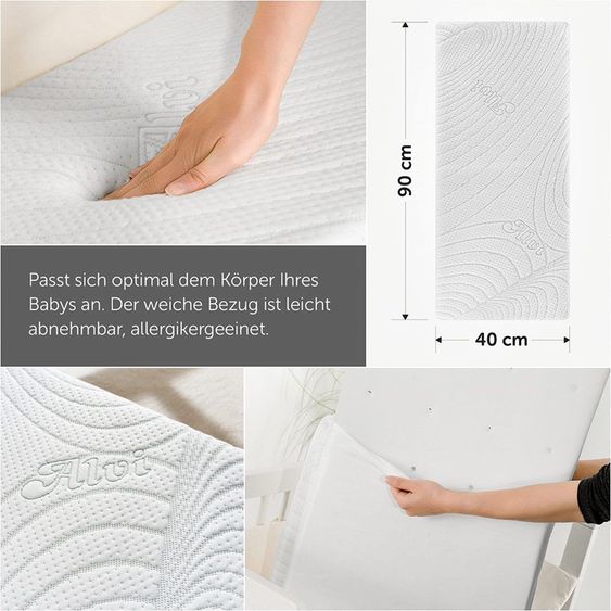 Alvi Set di materassi a 3 pezzi per culla e culletta 40 x 90 cm - Bianco e grigio argento