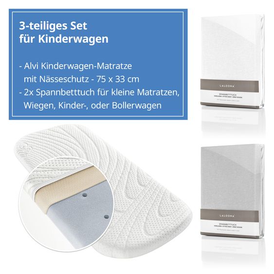 Alvi 3-piece mattress set for stroller 75 x 33 cm - White & Silver Gray