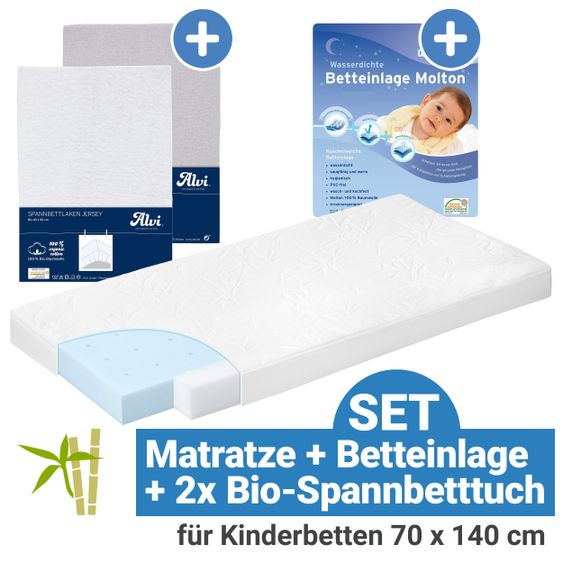 Alvi Set di 4 pezzi per letti per bambini 70 x 140 cm / Materasso in bambù per bambini + fodera per letto + 2 lenzuola