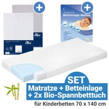 4-tlg. Matratzen-Set für Kinderbetten 70 x 140 cm / Babymatratze Bamboo + Betteinlage + 2 Spannbetttücher