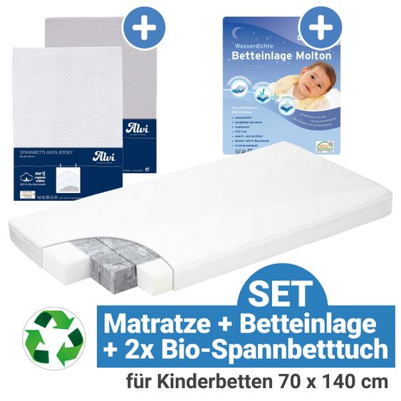 Alvi Set di 4 pezzi per culle 70 x 140 cm / Materasso per bambini Eco Planet + fodera per letto + 2 lenzuola