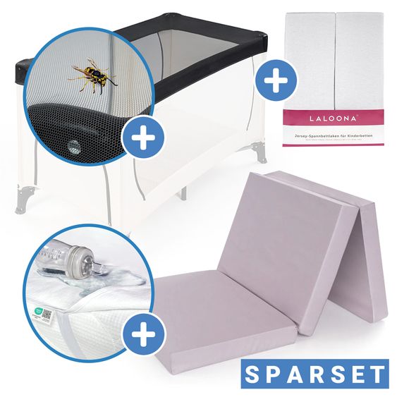 Alvi 5-tlg. Zubehör-Set für Reisebetten 60 x 120 cm - Reisebettmatratze Komfort klappbar + Wasserdichte Betteinlage + 2 weiße Spannbettlaken + Insektenschutz