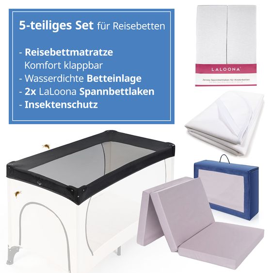 Alvi 5-tlg. Zubehör-Set für Reisebetten 60 x 120 cm - Reisebettmatratze Komfort klappbar + Wasserdichte Betteinlage + 2 weiße Spannbettlaken + Insektenschutz