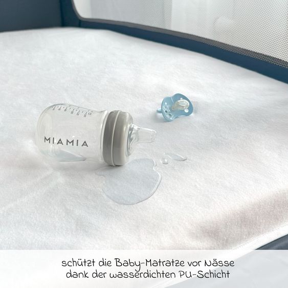 Alvi 5-tlg. Zubehör-Set für Reisebetten 60 x 120 cm - Reisebettmatratze Komfort klappbar + Wasserdichte Betteinlage + 2 weiße Spannbettlaken + Insektenschutz