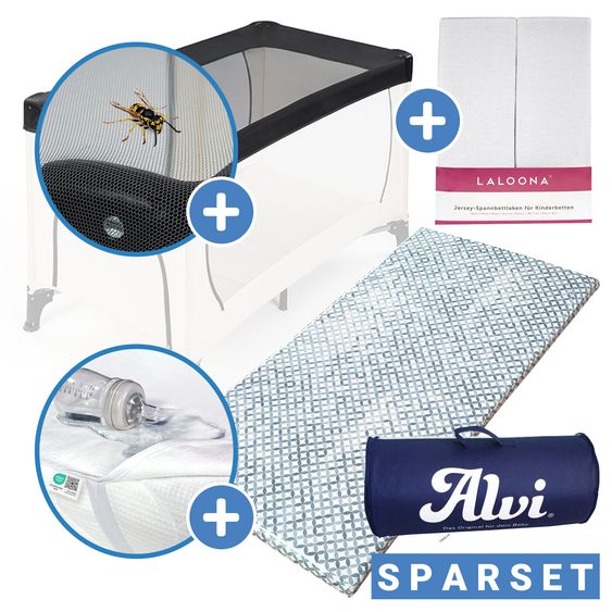 Alvi 5-tlg. Zubehör-Set für Reisebetten 60 x 120 cm - Reisebettmatratze Mosaik rollbar + Wasserdichte Betteinlage + 2 weiße Spannbettlaken + Insektenschutz