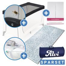 5-tlg. Zubehör-Set für Reisebetten 60 x 120 cm - Reisebettmatratze Mosaik rollbar + Wasserdichte Betteinlage + 2 weiße Spannbettlaken + Insektenschutz