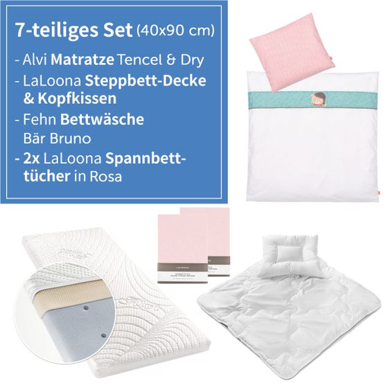 Alvi 7-piece complete set for extra bed & cradle 90x40 cm / mattress + fitted sheets + quilt set + bedding - Bear Bruno - Pink